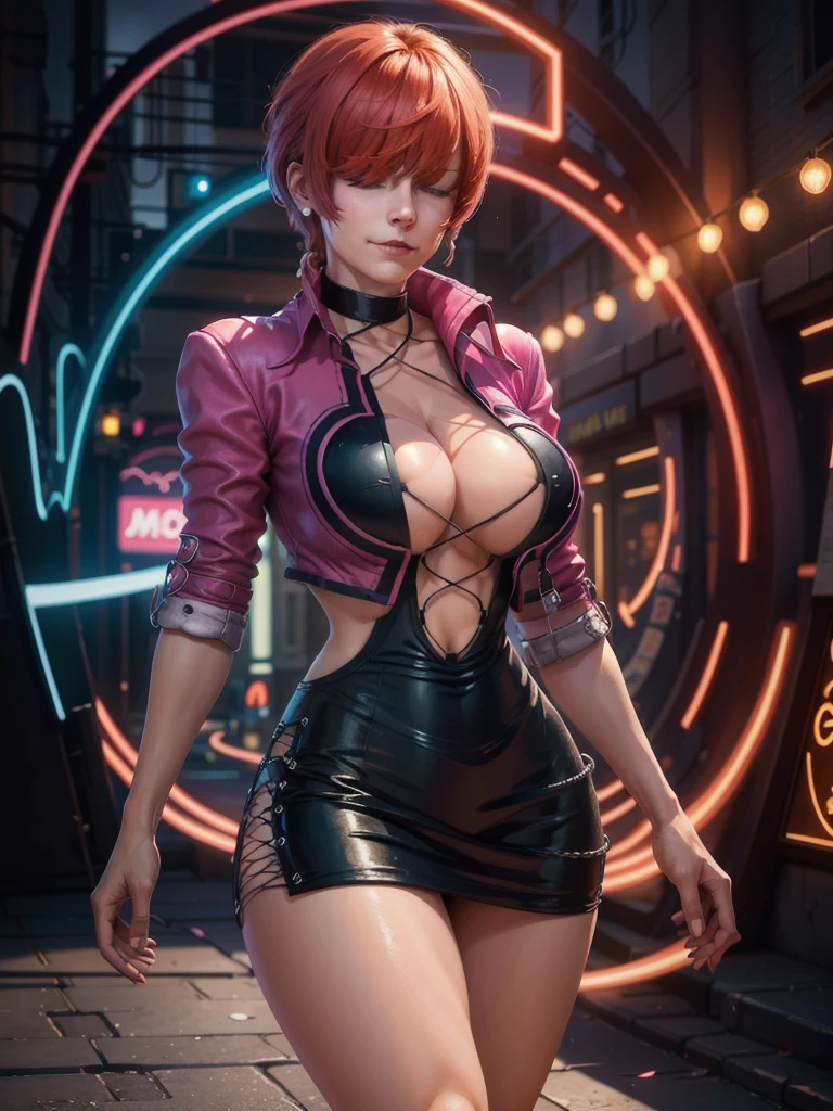 (at night), in a video game scene with a neon background and a neon light, standing at attention, pink suit, pink jacket, choker, neckline, cut of clothing, earrings, has long bangs in her hair that covers eyes ((hair over eyes)), 1 girl, 20 years old, young woman, beautiful finger, beautiful long legs, beautiful body, beautiful nose, beautiful character design, perfect face, looking at the viewer (focusing on her face) , closed mouth, Light_Smile, official art, extremely detailed CG unity 8k wallpaper, perfect lighting, bright and colorful front lighting, glowing skin, (masterpiece: 1.0), (best_quality: 1.0), ultra high resolution, 4K, photography ultra detailed, 8K, HDR, high resolution, absurdities:1.2, Kodak portra 400, film grain, blurred background, bokeh:1.2, lens flare, (vibrant_color:1.2), professional photography, (Beautiful, breasts: 1.4), (beautiful_face: 1.5 ), (narrow waist),
