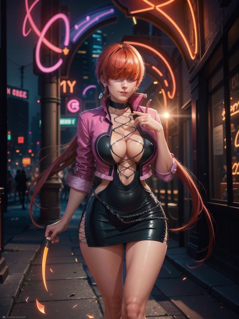 (at night), in a video game scene with a neon background and a neon light, standing at attention, pink suit, pink jacket, choker, neckline, cut of clothing, earrings, has long bangs in her hair that covers eyes ((hair over eyes)), 1 girl, 20 years old, young woman, beautiful finger, beautiful long legs, beautiful body, beautiful nose, beautiful character design, perfect face, looking at the viewer (focusing on her face) , closed mouth, Light_Smile, official art, extremely detailed CG unity 8k wallpaper, perfect lighting, bright and colorful front lighting, glowing skin, (masterpiece: 1.0), (best_quality: 1.0), ultra high resolution, 4K, photography ultra detailed, 8K, HDR, high resolution, absurdities:1.2, Kodak portra 400, film grain, blurred background, bokeh:1.2, lens flare, (vibrant_color:1.2), professional photography, (Beautiful, breasts: 1.4), (beautiful_face: 1.5 ), (narrow waist),
