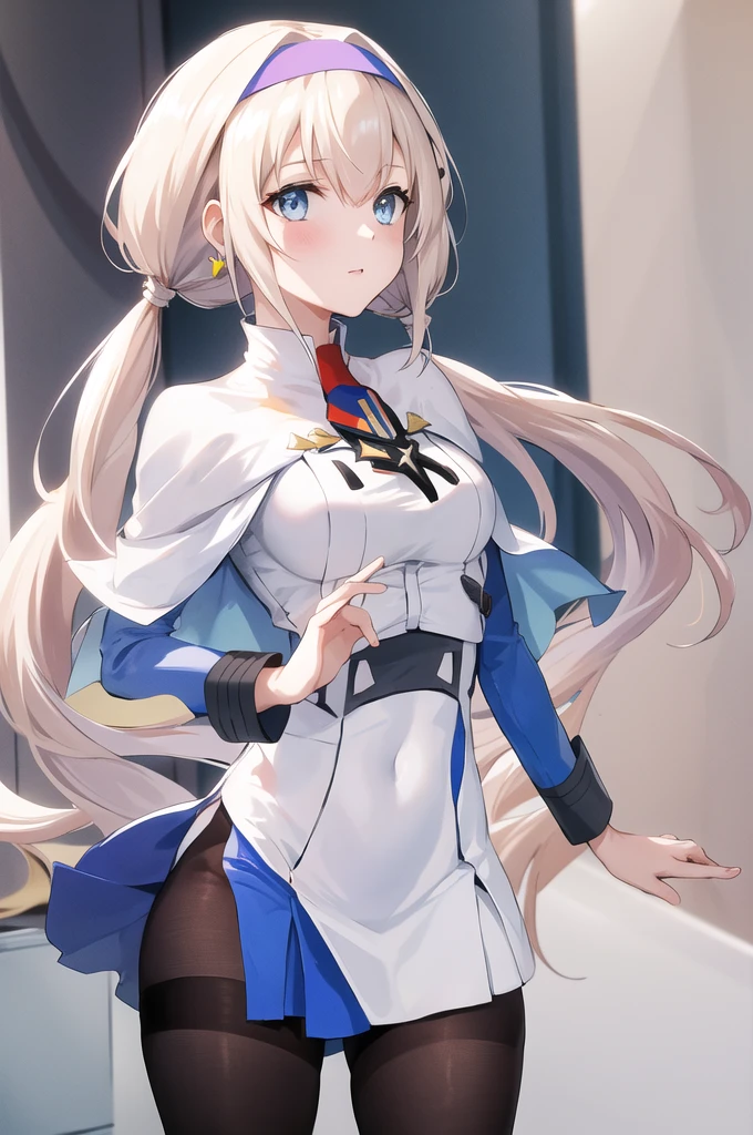 masterpiece, Highest quality, High resolution, One girl, white Capelet, Capelet, Blonde, Twin tails, chest, low Twin tails, hair band, Long Hair, blue eyes, Earrings, white hair band, uniform, dress, triangle Earrings, army, large chest, Hair behind the ear, jewelry, blue dress, army uniform, bangs, Black Pantyhose, Mitsuba 1,  