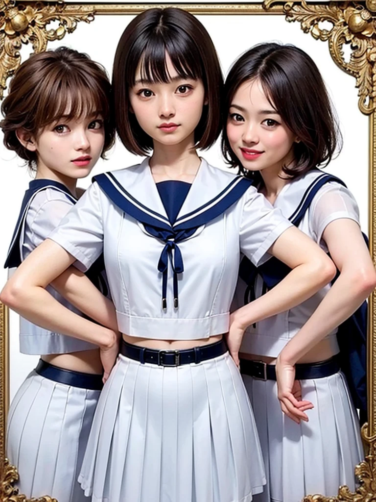 Highest quality、８ｋ、oil、Bust Shot、Frame In、Pure white wall background、woman１people、high school student、Sailor suit、Short sleeve、Black pleated skirt、mini skirt、Hands on hips、smile、Brown Hair、Bob Hair、