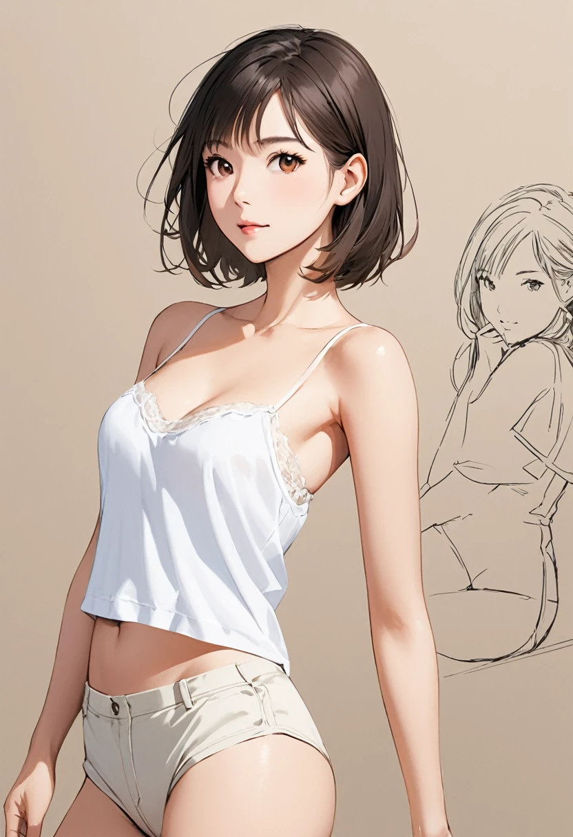  female，short camisole，white，Art，ad，draft drawing，illustration, simple_background,