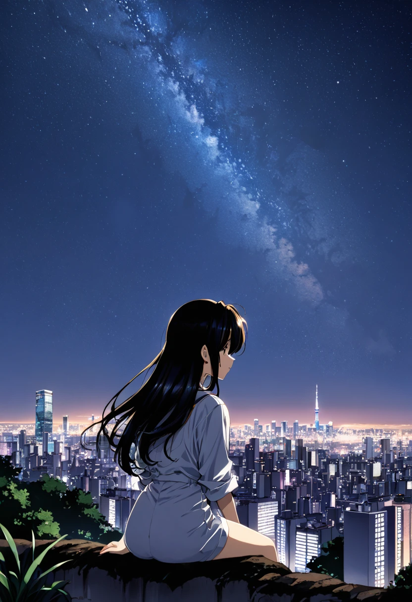 octans, sky, star (sky), scenery, starry sky, night, 1girl, night sky, solo, outdoors, building, cloud, milky way, sitting, tree, long hair, city, silhouette, cityscape,City from a distance, tokyo, city billboard, 1 milky way in the sky,20歳セクシーな女の子
