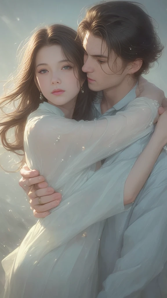 High-quality images of couples: Blond man (Tall、Statue-like、Handsome and、Brave young man、blue eyes、Curly golden hair、Wearing a grey antique military uniform) A woman with black hair (long straight black hair、Long Bangs、Blackberry eyes、A beautiful young femme fatale、naked、Princess、Hugging。They are in love with each other。Created by Boris Vallejo「Ideal Anatomy」The sketch of、It is characterized by being very detailed.。masterpiece、Detailed study of the face、Beautiful Face、Beautiful Faceの特徴、Perfect Image、Realistic shots、Detailed study of the face、Full body image、8k、Detailed Images、Highly detailed illustration、最高品質の真のmasterpiece、Careful drawing。Bare Skin、ガウンとnaked、Heavy water splashes、Wet watercolor painting、