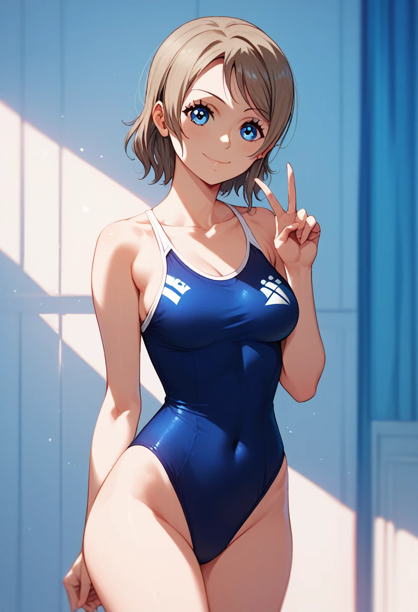 (masterpiece), 8k wallpaper, alone, Issei Watanabe, Are standing, School corridor, Side bust,One piece swimsuit, V-neck, Low cut at hips, blue eyes, Beautiful and graceful face and eyes, Browsing Caution:1.9