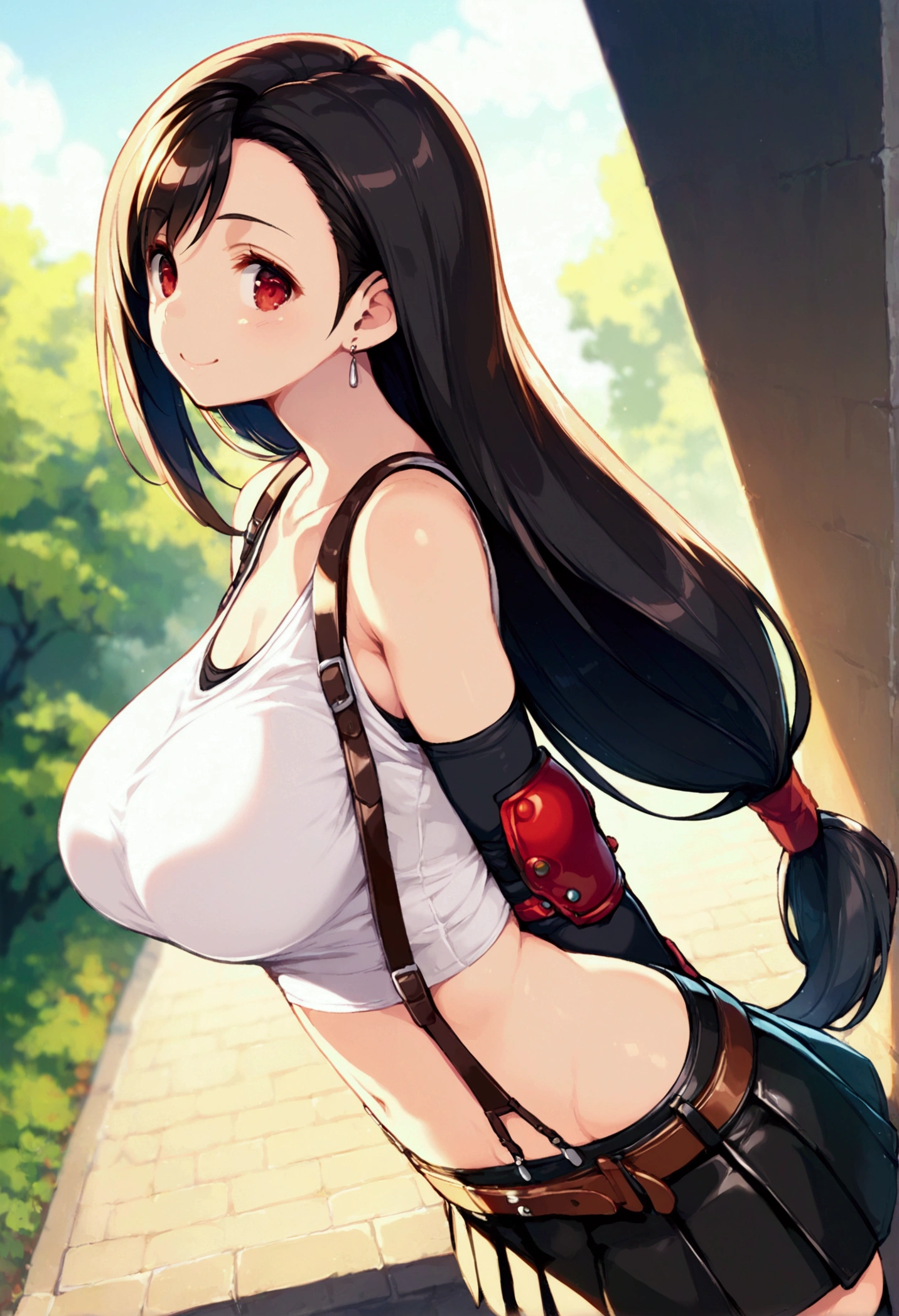 (score_9, score_8_up, score_7_up),,BREAK , ,dynamicangle,,breast side view,wall breast press,,standing,leaning on wall. upperbody,,Solo ,1girl, tifa lockhart, final fantasy, tareme,black hair, low-tied long hair, red eyes, bangs, (white tank top, belt, pleated skirt, thighhighs, elbow fingerless gloves, elbow pads, midriff, navel,suspender skirt) ,(large_breast),(light smile),daytime,outdoor,(ultra detailed),(best quality),(aesthetic,very aesthetic),UHD,extremely detailed CG unity 8k wallpaper,depth of field,,,detailed face and eyes