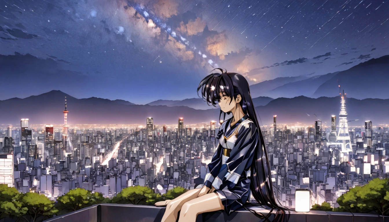 octans, sky, star (sky), scenery, starry sky, night, 1girl, night sky, solo, outdoors, building, cloud,  sitting, tree, long hair, city, silhouette, cityscape,City from a distance, tokyo, city billboard, 1 milky way in the sky,20歳
