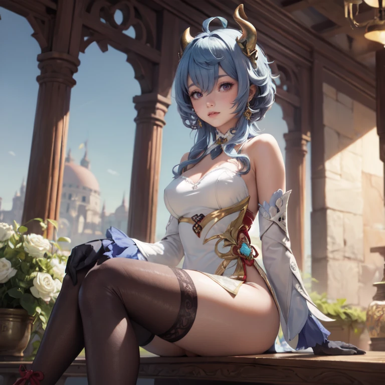 1girl, maid dress, jewelry, blue hair, flowing hair, long hair, white roses, red horns, firefly, oriental architecture, chinese maid dress with a short skirt and layers, frills, white laces, dress with transparency, gold details on her clothes, lake, seat on the water, a garden with lake scenery, more details, glowing hair, solo, alone, best quality, alone, maid headdress, choker, chinese maid dress, strapless, red horns, masterpiece, best quality, detailed face, night, asymmetrical gloves, bangs, short skirt , gloves, boots, earrings, elbow gloves, best quality, detailed face, gloves, hair between eyes, jewelry, looking at viewer, single earring, sky, solo, thigh boots, thigh highs, uneven gloves, sitting, red horns