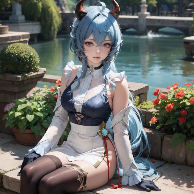 1girl, maid dress, jewelry, blue hair, flowing hair, long hair, white roses, red horns, firefly, oriental architecture, chinese maid dress with a short skirt and layers, frills, white laces, dress with transparency, gold details on her clothes, lake, seat on the water, a garden with lake scenery, more details, glowing hair, solo, alone, best quality, alone, maid headdress, choker, chinese maid dress, strapless, red horns, masterpiece, best quality, detailed face, night, asymmetrical gloves, bangs, short skirt , gloves, boots, earrings, elbow gloves, best quality, detailed face, gloves, hair between eyes, jewelry, looking at viewer, single earring, sky, solo, thigh boots, thigh highs, uneven gloves, sitting, red horns