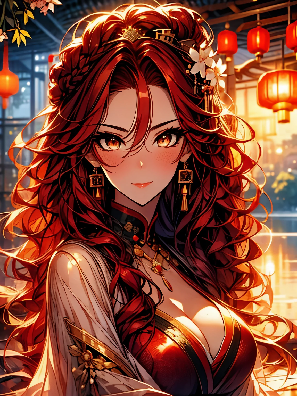 (top view), Xian Mei, solo, mature woman, 1 girl, (masterpiece, best quality, highly detailed), sharp focus, highly detailed face, face focus, highly detailed eyes, long hair, crown braid, wavy hair over shoulders, (red hair : 1.3) , golden eyes, (shiny eyes: 1.2), long eyelashes, (strong blush, drunk: 1.2), fine makeup, big breasts, ((red-black intricate dress, bare shoulders, cleavage )), ((twilight, diamond shard, explorer, bamboo bud background, grass, around green particles, calm lake, cherry blossom background, breeze)), cinematic lighting, edge lightning, ray tracing, shading, dynamic angle