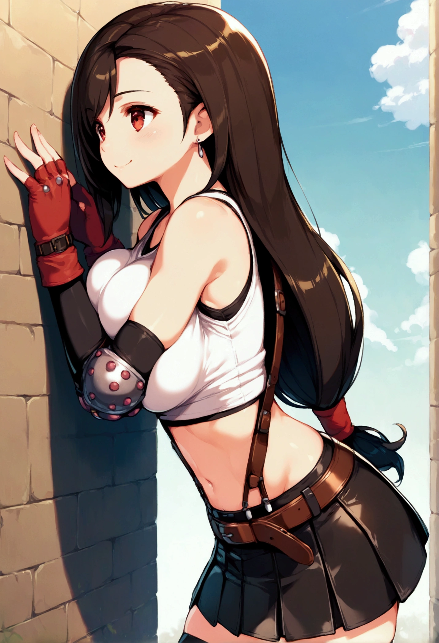 (score_9, score_8_up, score_7_up),,BREAK , ,dynamicangle,,breast side view,wall breast press,,standing,leaning on wall. upperbody,,Solo ,1girl, tifa lockhart, final fantasy, tareme,black hair, low-tied long hair, red eyes, bangs, (white tank top, belt, pleated skirt, thighhighs, elbow fingerless gloves, elbow pads, midriff, navel,suspender skirt) ,(large_breast),(light smile),daytime,outdoor,(ultra detailed),(best quality),(aesthetic,very aesthetic),UHD,extremely detailed CG unity 8k wallpaper,depth of field,,,detailed face and eyes