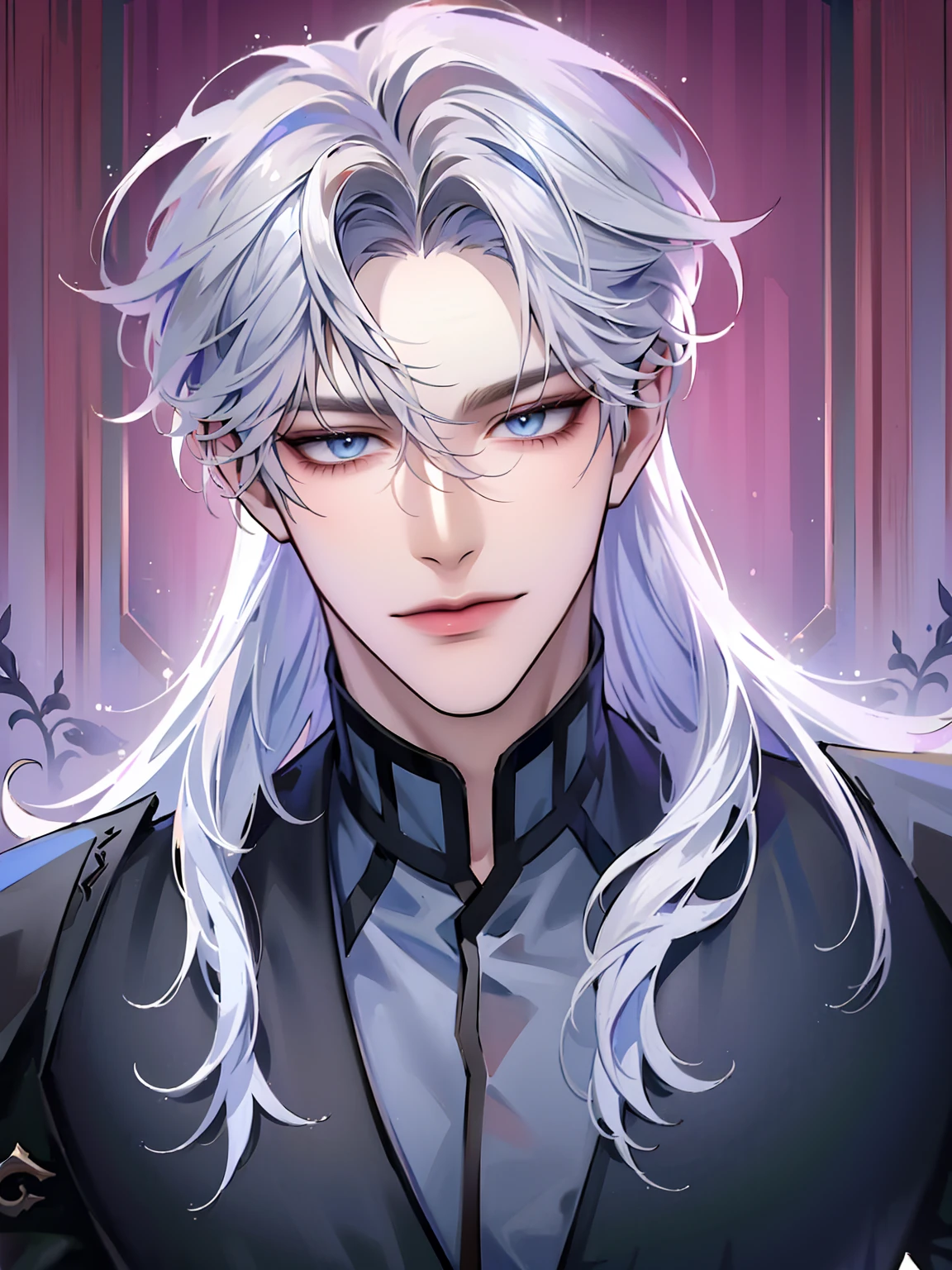 (masterpiece, 8k, high quality, best quality:1.6), 1boy, solo, long hair, white hair, asymmetrical fringe, blue eyes, handsome, sharp eyes, (mature male, mature:1.2), male focus, fashionable, tucked in open purple collared shirt, necklace, indoors, bedroom, dark red wallpaper, close up, smile, long eyelashes, soft shadows, perfect anatomy