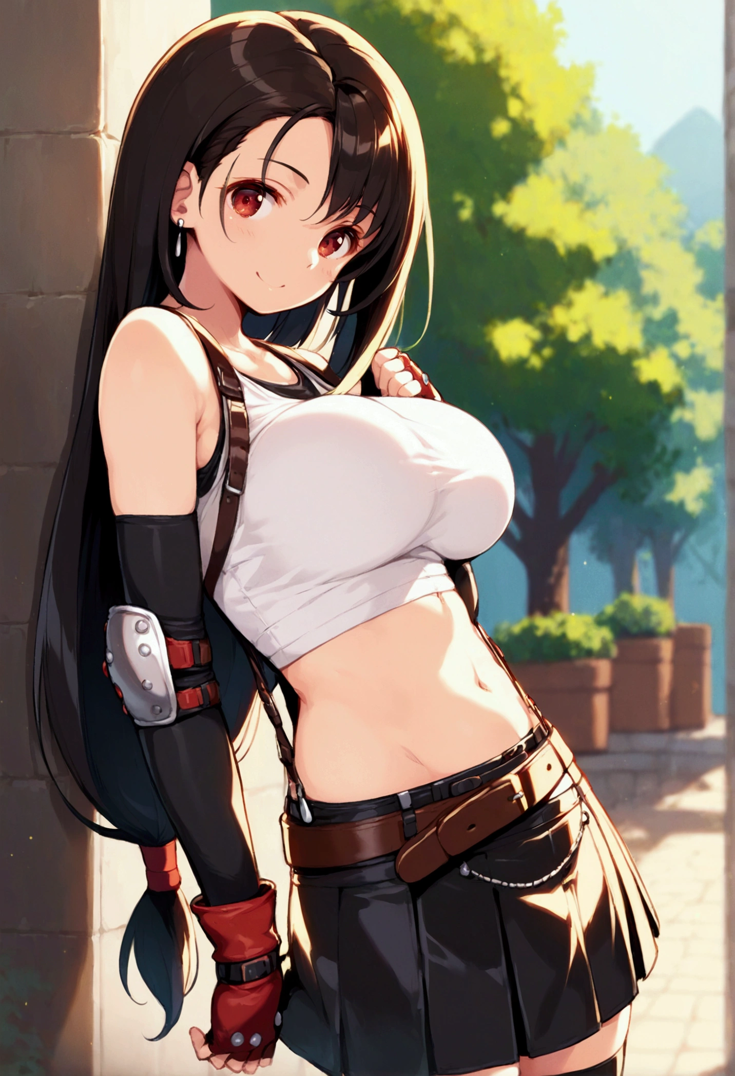 (score_9, score_8_up, score_7_up),,BREAK , ,dynamicangle,,breast side view, breast press,,standing,leaning on wall. upperbody,,Solo ,1girl, tifa lockhart, final fantasy, tareme,black hair, low-tied long hair, red eyes, bangs, (white tank top, belt, pleated skirt, thighhighs, elbow fingerless gloves, elbow pads, midriff, navel,suspender skirt) ,(large_breast),(light smile),daytime,outdoor,(ultra detailed),(best quality),(aesthetic,very aesthetic),UHD,extremely detailed CG unity 8k wallpaper,depth of field,,,detailed face and eyes