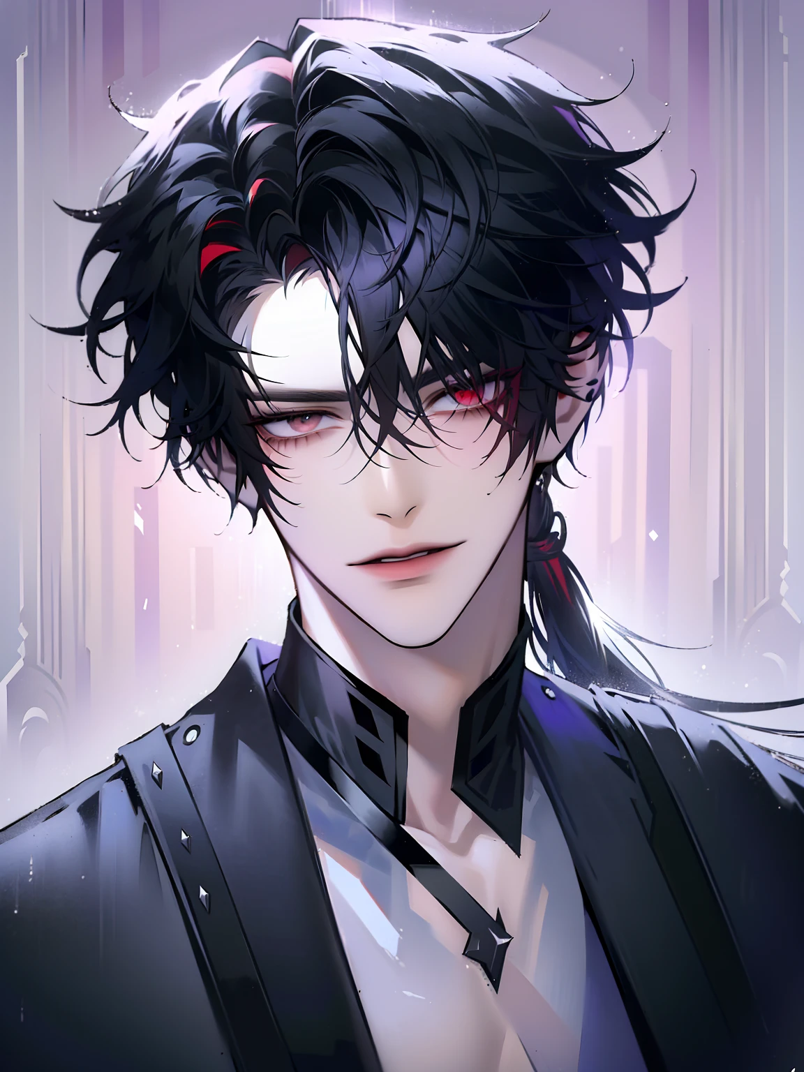 (masterpiece, 8k, high quality, best quality:1.6), 1boy, solo, long hair, black and white hair, asymmetrical fringe, red eyes, handsome, sharp eyes, (mature male, mature:1.2), male focus, fashionable, tucked in open purple collared shirt, necklace, indoors, bedroom, dark black wallpaper, close up, smile, long eyelashes, soft shadows, perfect anatomy