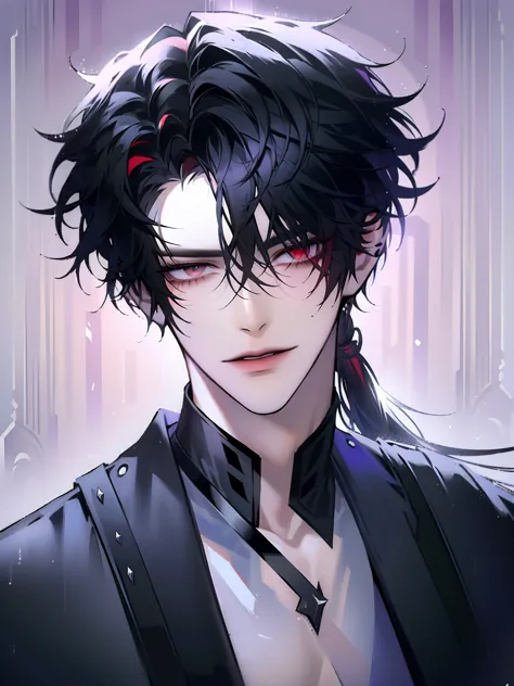 (masterpiece, 8k, high quality, best quality:1.6), 1boy, solo, long hair, black and white hair, asymmetrical fringe, red eyes, h...