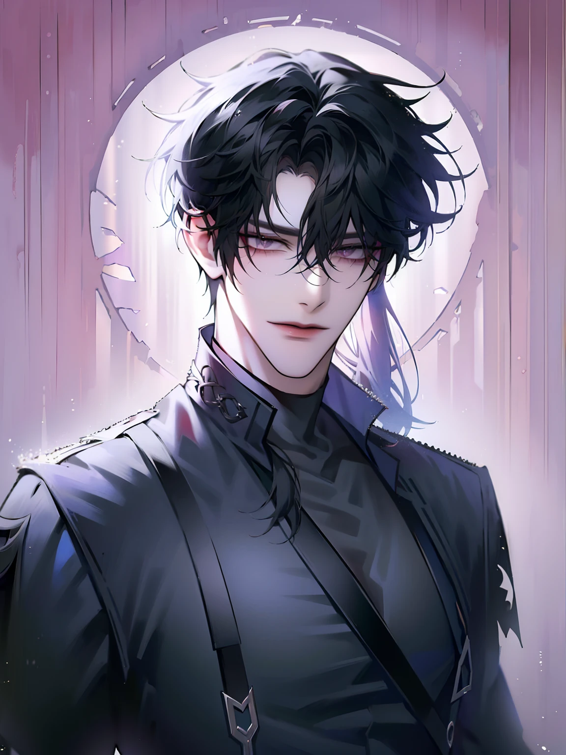 (masterpiece, 8k, high quality, best quality:1.6), 1boy, solo, long hair, black and white hair, asymmetrical fringe, red eyes, handsome, sharp eyes, (mature male, mature:1.2), male focus, fashionable, tucked in open purple collared shirt, necklace, indoors, bedroom, dark black wallpaper, close up, smile, long eyelashes, soft shadows, perfect anatomy