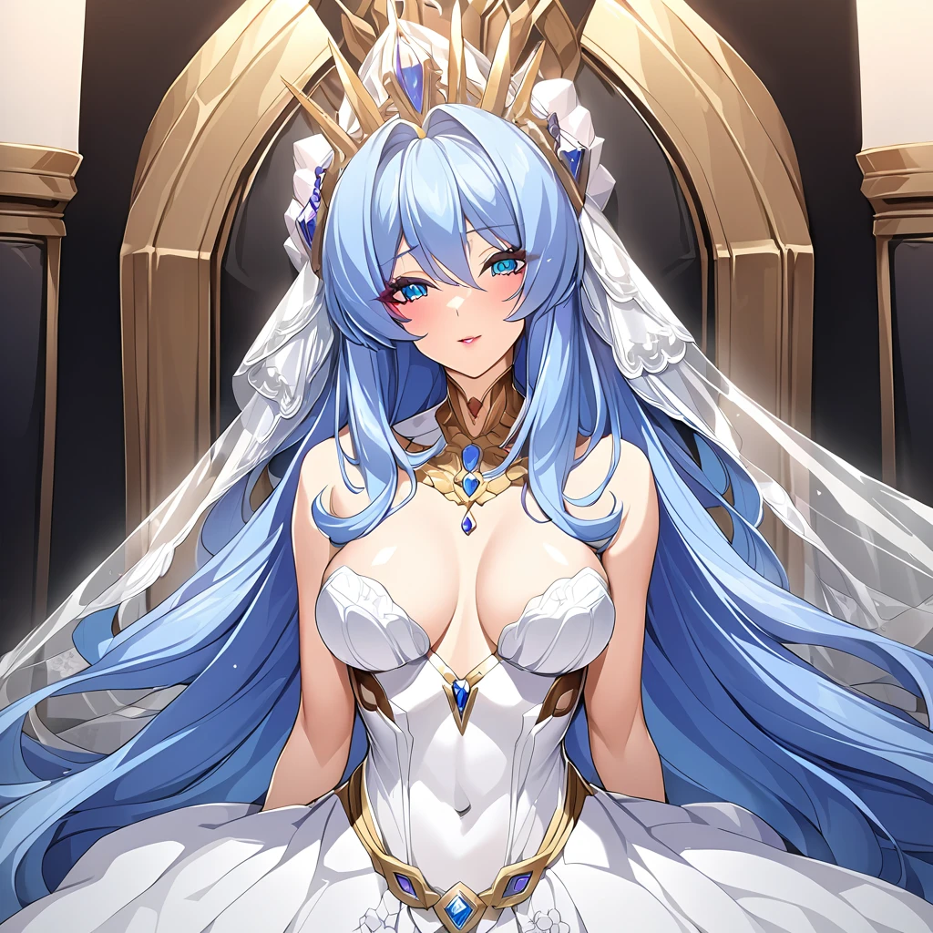 ((Highest quality)), ((masterpiece)), (detailed), （Perfect Face）、The woman was the beautiful Queen of the Gods, Extia, with medium-long blue hair. She was wearing a gorgeous white wedding dress with gold embroidery and trim, a white wedding veil, an engagement ring, gorgeous accessories, lipstick and makeup, and was an elegant and beautiful queen of the gods.