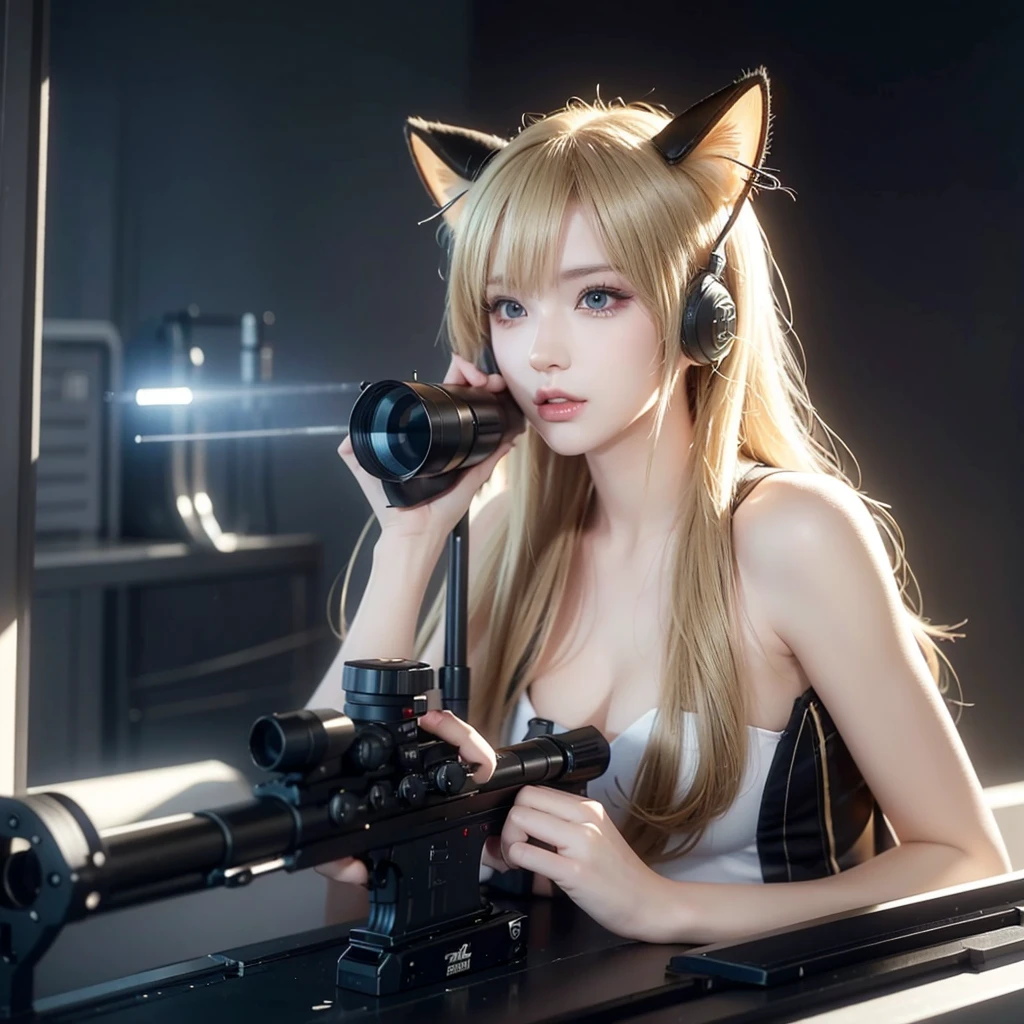 "Create a highly realistic and photorealistic image of a blonde character with cat ears looking through a rifle scope and aiming at a target. The scene requires a futuristic, cyber aesthetic with dynamic angles. Please make sure the image is high resolution.
