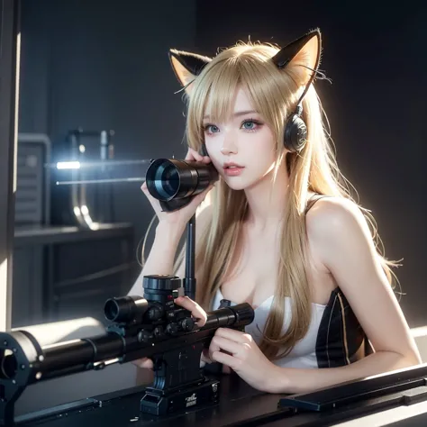 "create a highly realistic and photorealistic image of a blonde character with cat ears looking through a rifle scope and aiming...