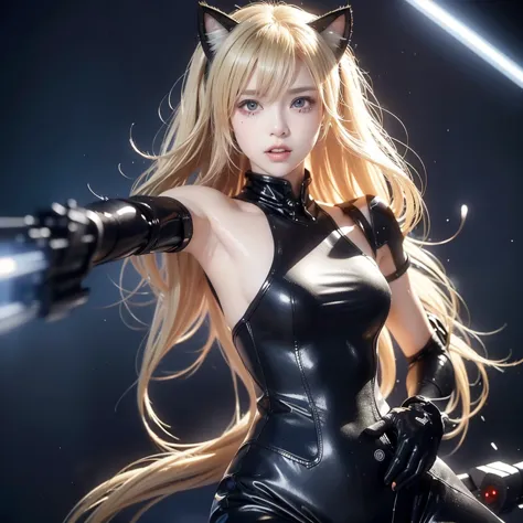 "Create an image of a blonde-haired character with cat ears, wearing a futuristic outfit, holding a sniper rifle. The character ...