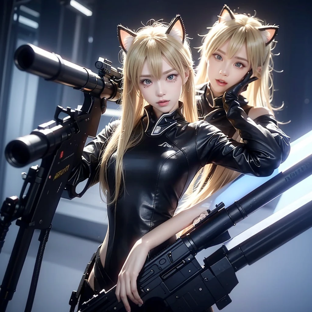 "Create an image of a blonde-haired character with cat ears, wearing a futuristic outfit, holding a sniper rifle. The character looks extremely panicked and flustered after missing a shot, with wide eyes, exaggerated facial expression, and sweat drops flying off their face. The background remains a high-tech, cyberpunk environment."
