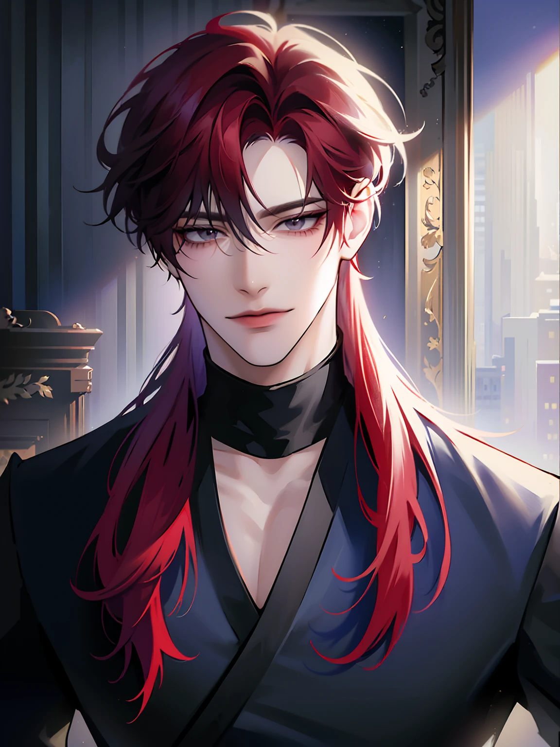 (masterpiece, 8k, high quality, best quality:1.6), 1boy, solo, long hair, white and red hair, asymmetrical fringe, black eyes, handsome, sharp eyes, (mature male, mature:1.2), male focus, fashionable, tucked in open purple collared shirt, necklace, indoors, castle, dark blue wallpaper, close up, smile, long eyelashes, soft shadows, perfect anatomy