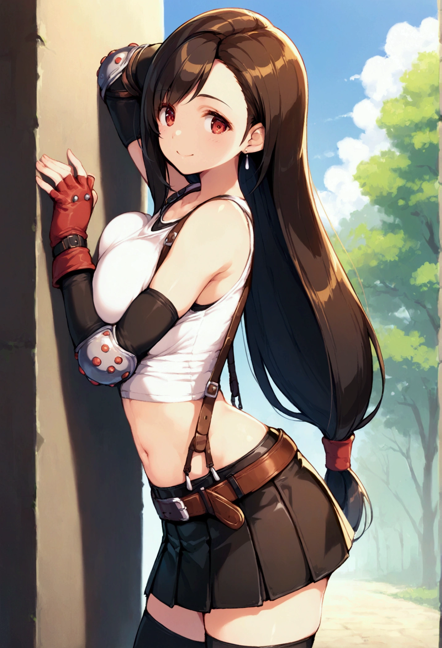 (score_9, score_8_up, score_7_up),,BREAK , ,dynamicangle,,breast side view, breast press,,standing,leaning on wall. upperbody,,Solo ,1girl, tifa lockhart, final fantasy, tareme,black hair, low-tied long hair, red eyes, bangs, (white tank top, belt, pleated skirt, thighhighs, elbow fingerless gloves, elbow pads, midriff, navel,suspender skirt) ,(large_breast),(light smile),daytime,outdoor,(ultra detailed),(best quality),(aesthetic,very aesthetic),UHD,extremely detailed CG unity 8k wallpaper,depth of field,,,detailed face and eyes