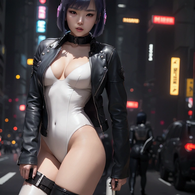 High resolution photo of a woman、Beautiful woman in a bare-chested white leotard、Dark blue bob hair、bangs、stockings、High heel boots、Holds a gun from the future、Black leather jacket、Army Jacket、ghost in the Shell、Motoko Kusanagi、City of the Future、Wear a belt around your waist、Belt with bullets、Future Soldier、Full body image、