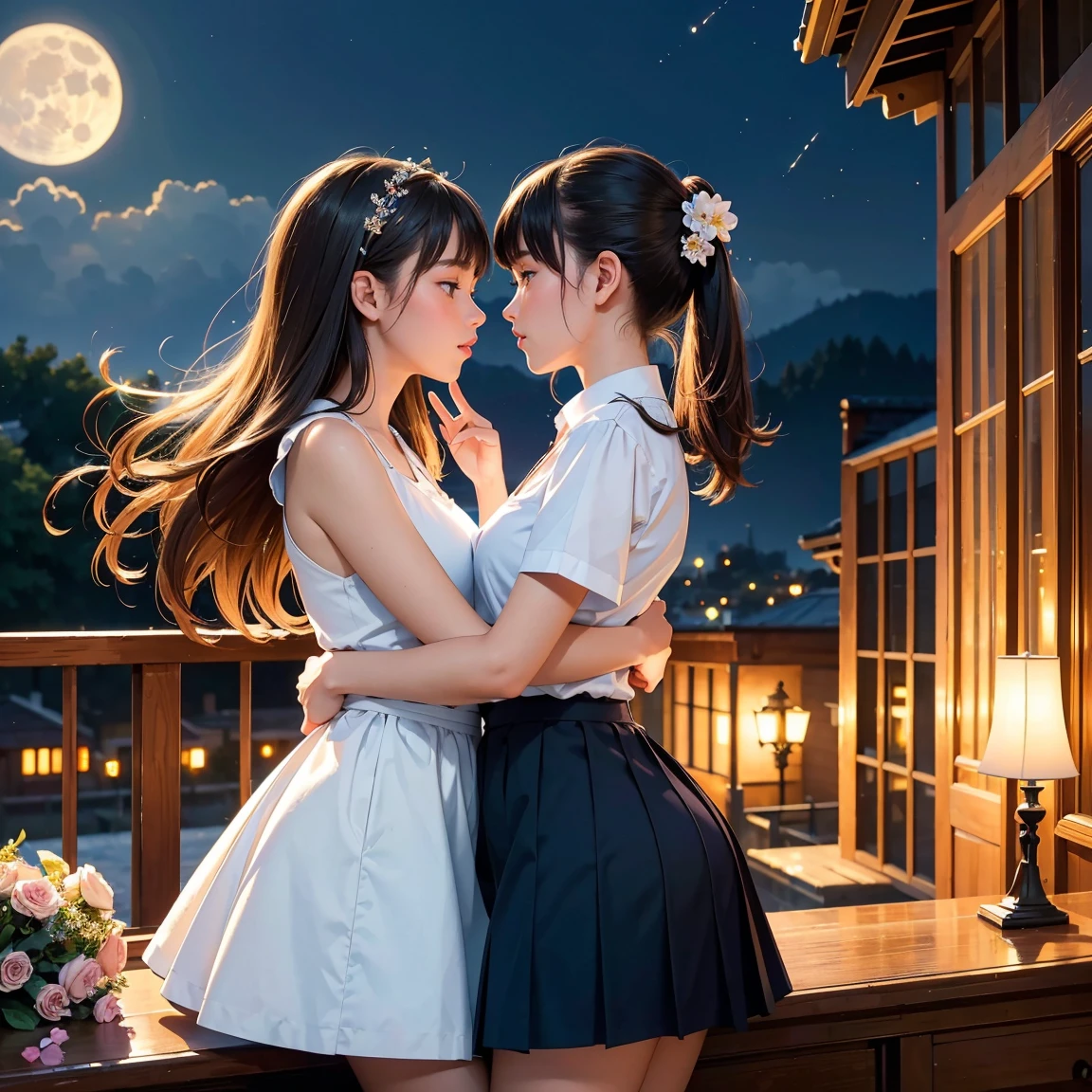 (masterpiece, best quality:1.5), perfect anatomy, two school girls are deeply in love with each other, kiss, romantic atmosphere, flower and moon, magnificent panorama view