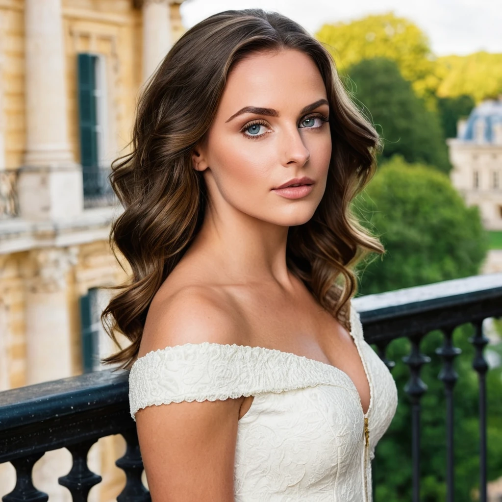 beautiful brunette, (((oval face shape with golden proportions, tall and defined cheekbones, gently angular jaw, slightly pointed chin, medium forehead with gently arched hairline))), wavy brown hair in a sleek half-up hairstyle, ((arched eyebrows)), (((graceful pose, leaning on a balcony, contemplative gaze into the distance))). (((Wide medium shot, showing the character from the thigh up, with the Versailles gardens and palace visible in the background on a sunny day))). highy detailed, 20 year, ((eyes browns)). (((Nose with straight back, slightly rounded tip, harmonious proportion with the face, symmetrical and refined nostrils))). ((Medium, well-defined lips, soft cupid&#39;s bow, natural redness around the edges, smooth texture with visible hydration)). high resolution, work of art. Pele realista Fitzpatrick IV, texture of "Orange peel" subtle on the cheeks, discrete nevus of Ota. ((Wearing a floral midi dress with puff sleeves)). excellent quality, extremely detaild, sharp focus, ((tiro Hasselblad X1D II 50C, 90mm f/3.2)), Fujifilm Velvia 50 color vision. Proportionate Body, photoshot_(ultra), photoshotrrealismo, photoshotgrafia (film grain) (((golden late afternoon light with reflections in the gardens))) Em primeiro plano