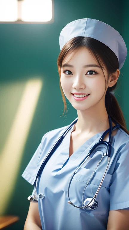 (Ulzzang-6500-v1.1, masterpiece, highest quality:1.3, ultra-detailed 8k:1.2, hyperrealistic:1.35, raw photo:1.2, highest quality, high resolution, wallpaper, realistic, dramatic, realistic painting art by midjourney:1.3, 1 nurse, 28yo, white nurse uniform, basic nurse cap, short white tight skirt:1.3, super beautiful, beautiful skin, beautiful and detailed eyes, detailed face, symmatrical face, perfect style, treatment room in a hospital room, take photos from up close to her, ample bosom, very detailed face, stethoscope, double eyelid, snaggle-tooth, brown eyes, short ponytail hair, chest strengthening, emphasize body line, friendly smile, beautiful lips, glossy lips, white teeth, detailed background of the hospital room, perfect lighting, natural soft light)