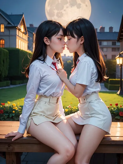 (masterpiece, best quality:1.5), perfect anatomy, two school girls are deeply in love with each other, kiss, romantic atmosphere...