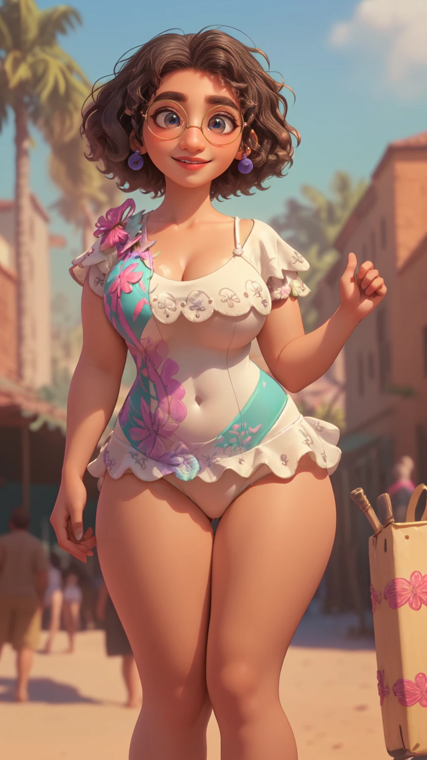 mirabel madrigal,  glasses, smile, market background, (((wearing a one piece swimsuit))), (((brown skin))), detailed skin, perfect legs, perfect thighs, (((curvy body))), BIG BREASTS, INVITING TO SEX