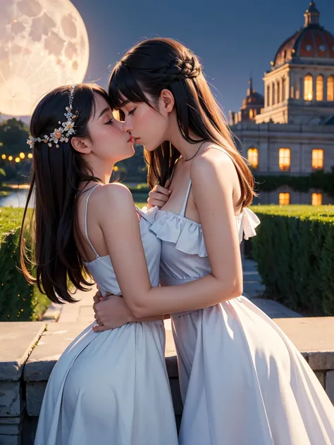 (masterpiece, best quality:1.5), perfect anatomy, two school girls are deeply in love with each other, kiss, romantic atmosphere...