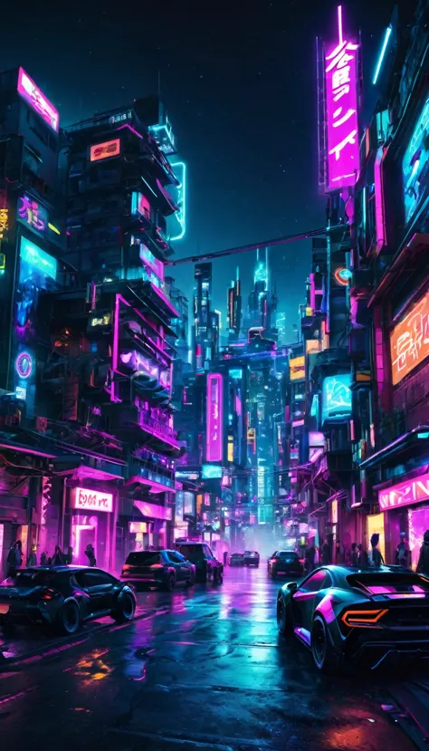 cyber punk city street , neon lights , lights shining , futuristic cars , wide-angle shot , ultrarealistic , night life , hills ...