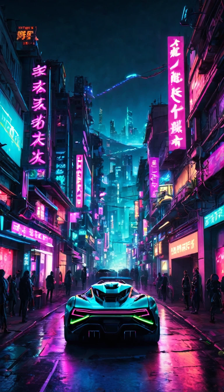 cyber punk city street , neon lights , lights shining , futuristic cars , wide-angle shot , ultrarealistic , night life , hills in background behind the buildings 