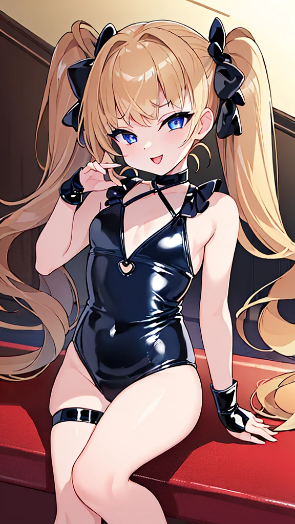 ((highest quality)), (masterpiece)), (detailed: 1.4), Unorganized resolution、High resolution、(masterpiece:1.4)、Super detailed、one beautiful girl、highest quality、master piece、Very detailed、(1 girl):1.4、(black latex swimsuit)、(Golden hair):1.3、twin tails、Short twin tails、choker、(dark blue eyes):1.1,(shiny latex)、indoor pool background