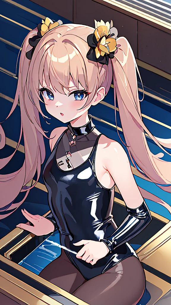 ((highest quality)), (masterpiece)), (detailed: 1.4), Unorganized resolution、High resolution、(masterpiece:1.4)、Super detailed、one beautiful girl、highest quality、master piece、Very detailed、(1 girl):1.4、(black latex swimsuit)、(Golden hair):1.3、twin tails、Short twin tails、choker、(dark blue eyes):1.1,(shiny latex)、indoor pool background