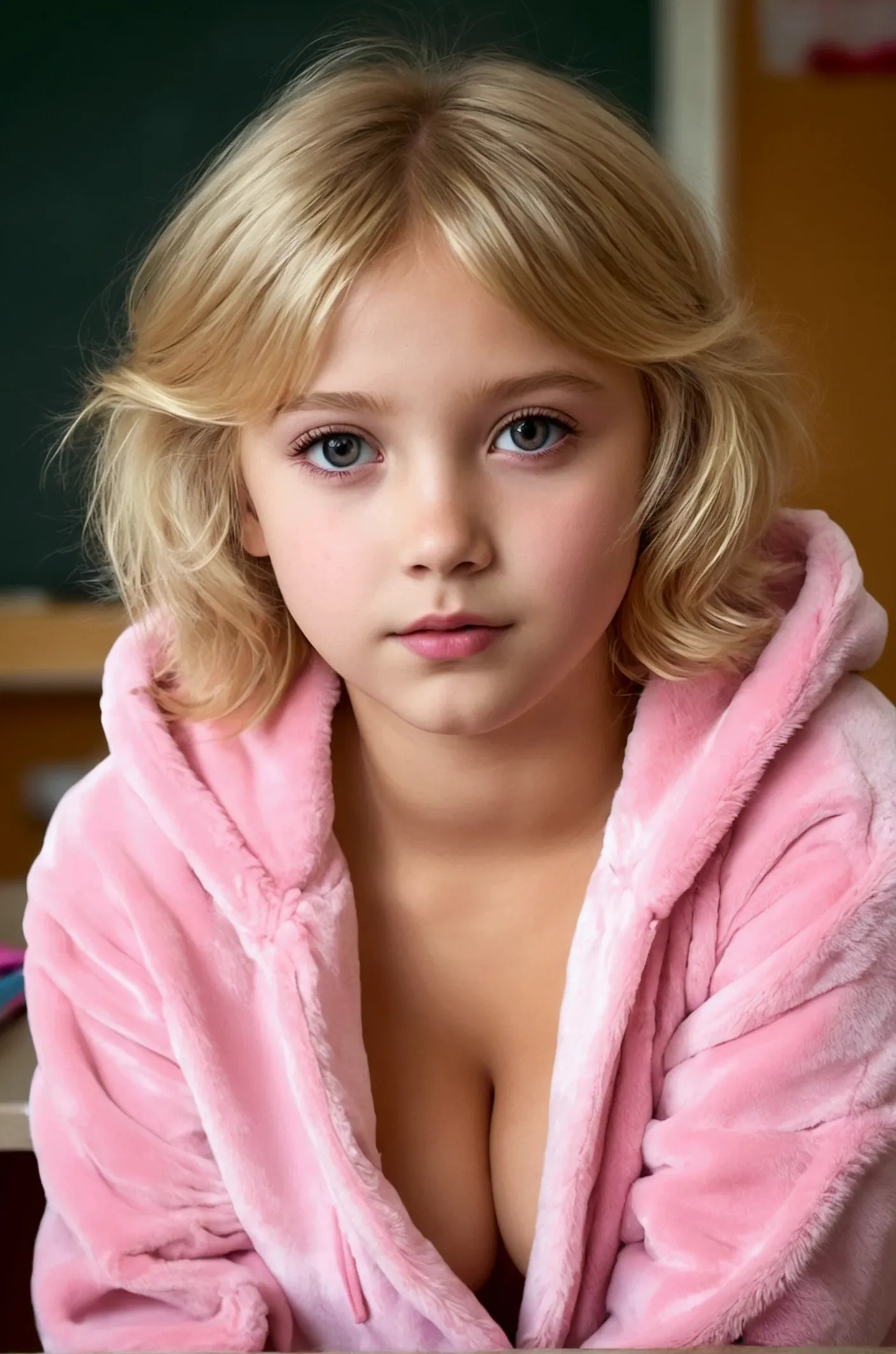 hermosa niña 👧🏼 de niña rubia de 10 años en pijama rosa: beautiful leaden eyes, (big tits), sexy, at school, short golden hair, ...