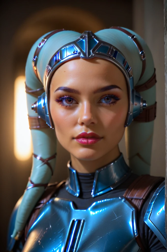 a female twi'lek mandalorian, beautiful detailed eyes, beautiful detailed lips, extremely detailed face, long eyelashes, mandalorian armor, sci-fi, cinematic lighting, dramatic, epic, intricate details, hyper-realistic, 8k, high-quality, photorealistic