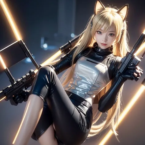"Create an image of a character with blonde hair, cat ears, wearing a futuristic outfit and holding a sniper rifle. After a succ...