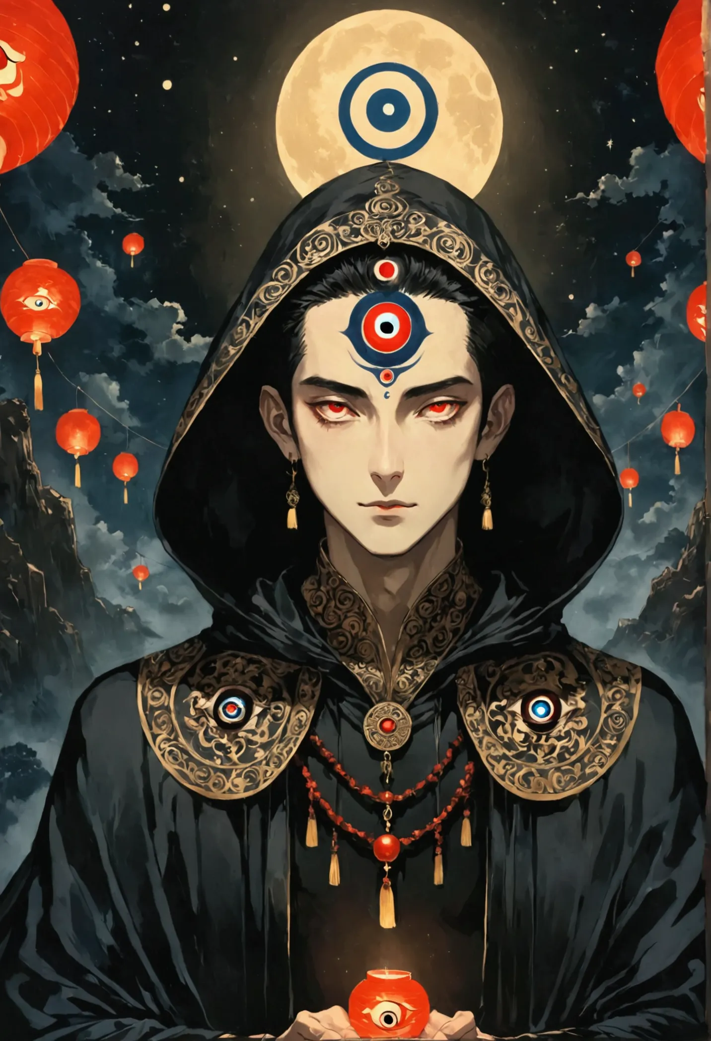 art illustration，dark style，(((1 boy，独奏，third eye on the forehead，))),(((hooded cape：1.6，eye diagram，dark pattern))).whole body，...