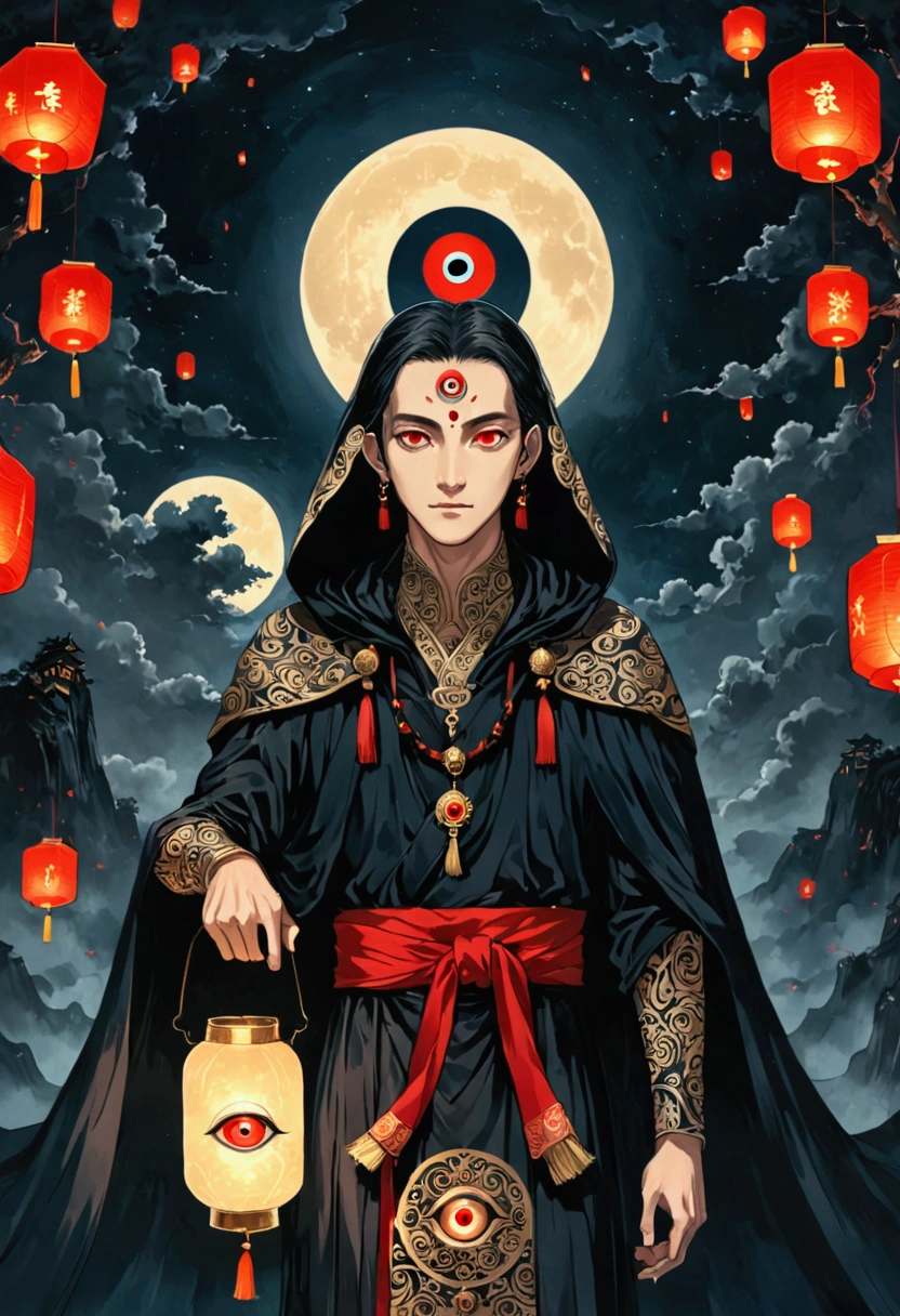 Art Illustration，Dark Style，(((1 Boy，独奏，third eye on the forehead，))),(((Hooded Cape：1.6，Eye Diagram，Dark Pattern))).whole body，Paper lanterns in the sky，Kongming Lantern，Death Stare。，moonlight