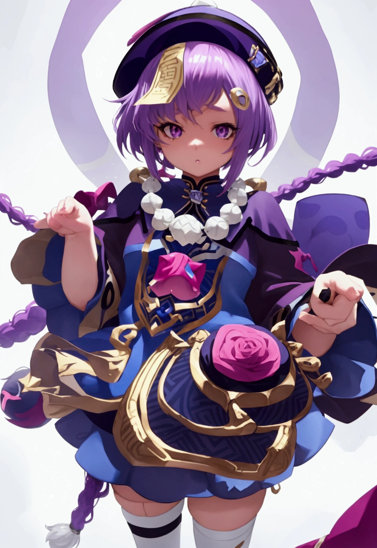 purple hair, rose eyes, short hair, nake, white background, smoll stature, shibi, flat cheast, flat tits