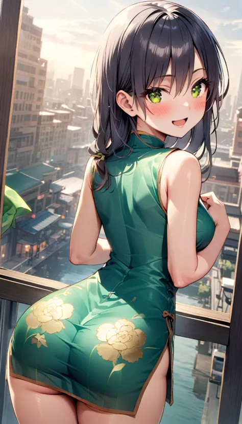 woman,20-year-old,city,(((green Silk cheongsam))),,open mouth smile((black hair)),blush、,((turn around and look back))()Reflecti...