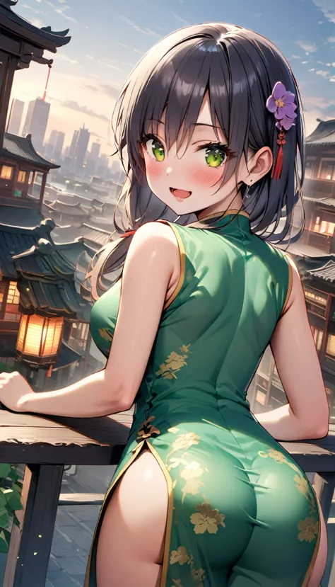 woman,20-year-old,city,(((green Silk cheongsam))),,open mouth smile((black hair)),blush、,((turn around and look back))()Reflecti...
