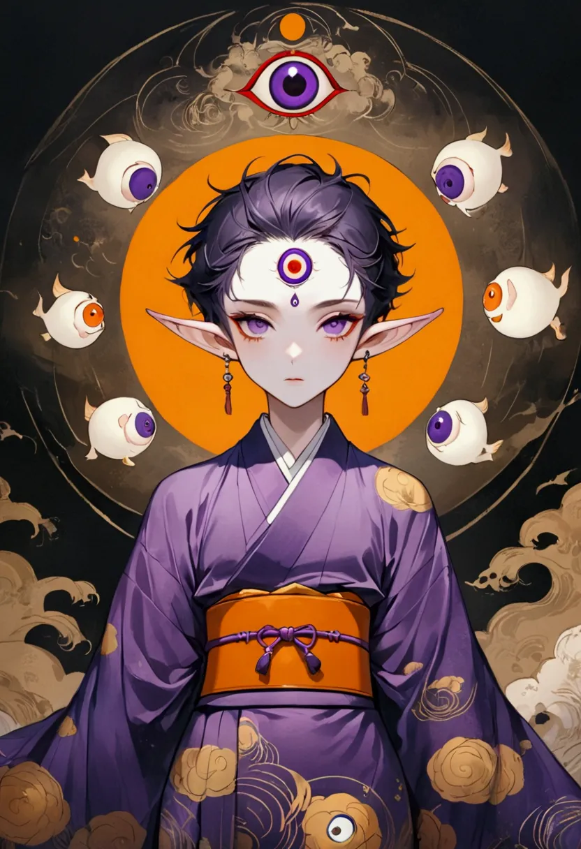 art illustration，dark style，(((1 boy，独奏，third eye on the forehead，elf ears))),(((gorgeous japanese purple kimono：1.6，eye diagram...