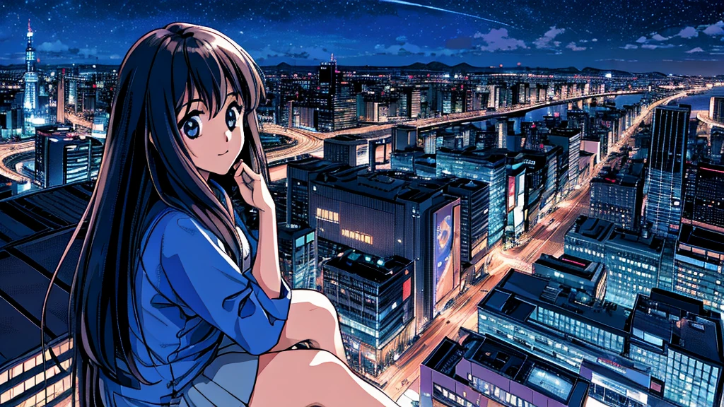 octans, sky, star (sky), scenery, starry sky, night, 1girl, night sky, solo, outdoors, building, cloud, sitting, tree, long hair, city, silhouette, cityscape,City from a distance, tokyo, city billboard, the sky,20 year old sexy girl　横が　From the roof of the building　Many buildings
