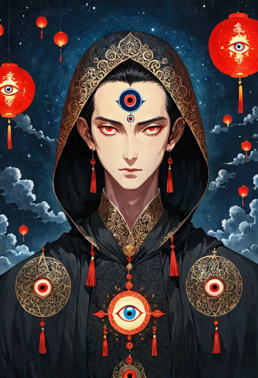 Art Illustration，Dark Style，(((1 Boy，独奏，third eye on the forehead，))),(((Hooded Cape：1.6，Eye Diagram，Dark Pattern))).whole body，Paper lanterns in the sky，Kongming Lantern，Death Stare。，moonlight