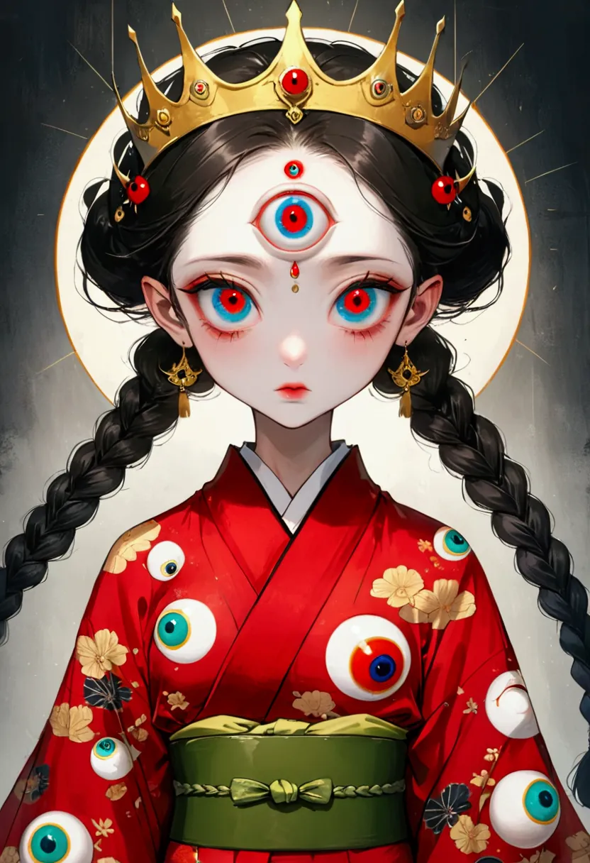 art illustration，dark style，(((1princess wearing a golden crown-eyeball decoration，double braid，独奏，third eye on the forehead，big...