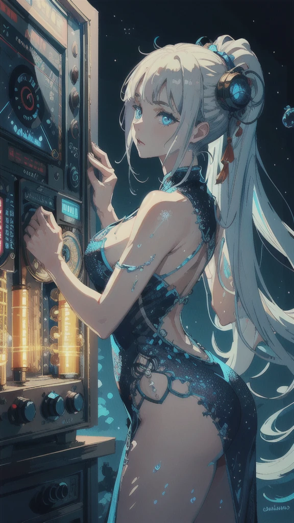 (masterpiece, Highest quality,4K resolution),
(Mysterious close-up shot of a Nixie tube taken from the side), 
Her shiny scales reflect the moonlight.,
Deep blue eyes hold the secrets of the deep galaxy,
The water droplets on her skin sparkled like diamonds.,
,Tutututu, China dress,(See through), 
 